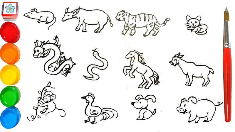 Vẽ 12 con giáp phong cách dân gian đơn giản 