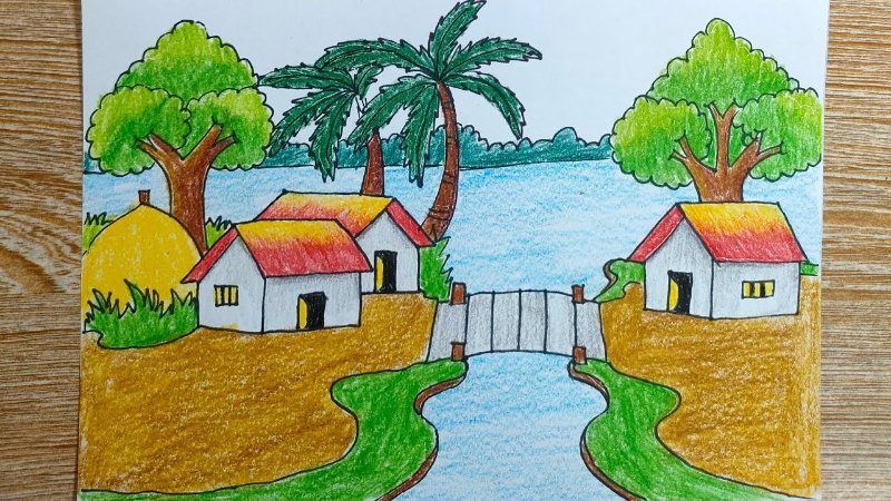 Tranh quê hương dân gian đơn giản sáng tạo 