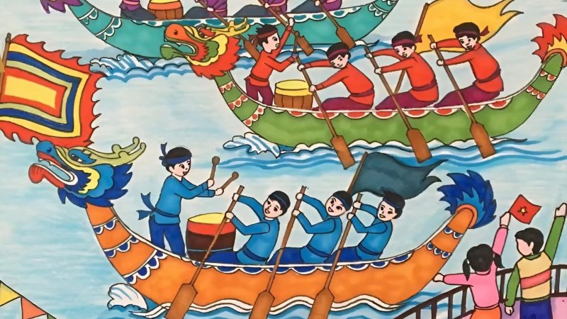 Vẽ tranh dân gian lễ hội đua thuyền 