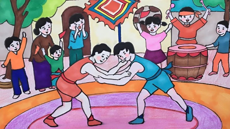 Tranh vẽ lễ hội dân gian đấu vật dễ vẽ cho học sinh 