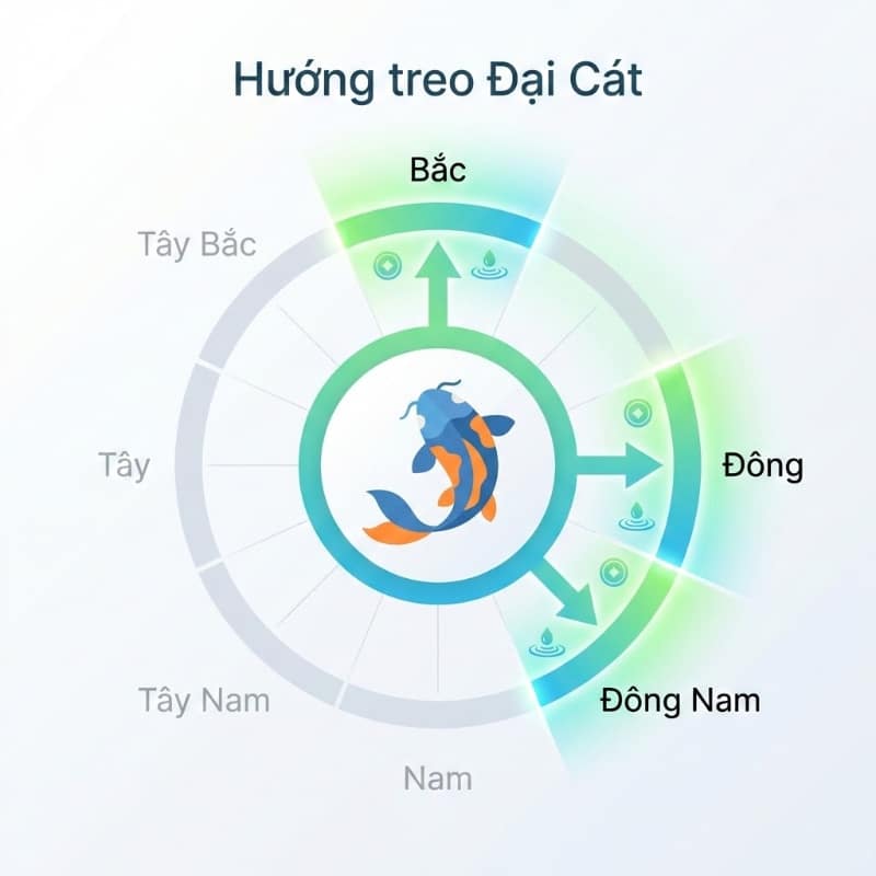 Các hướng Đông, Đông Nam và Bắc giúp kích hoạt tối đa công năng chiêu tài, vượng khí cho tranh cửu ngư.