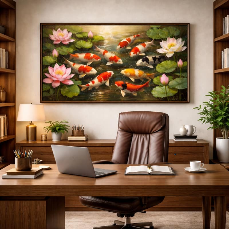 Đặt tranh sau bàn làm việc tạo điểm tựa vững chắc, thúc đẩy ý chí thăng tiến như cá chép vượt vũ môn.