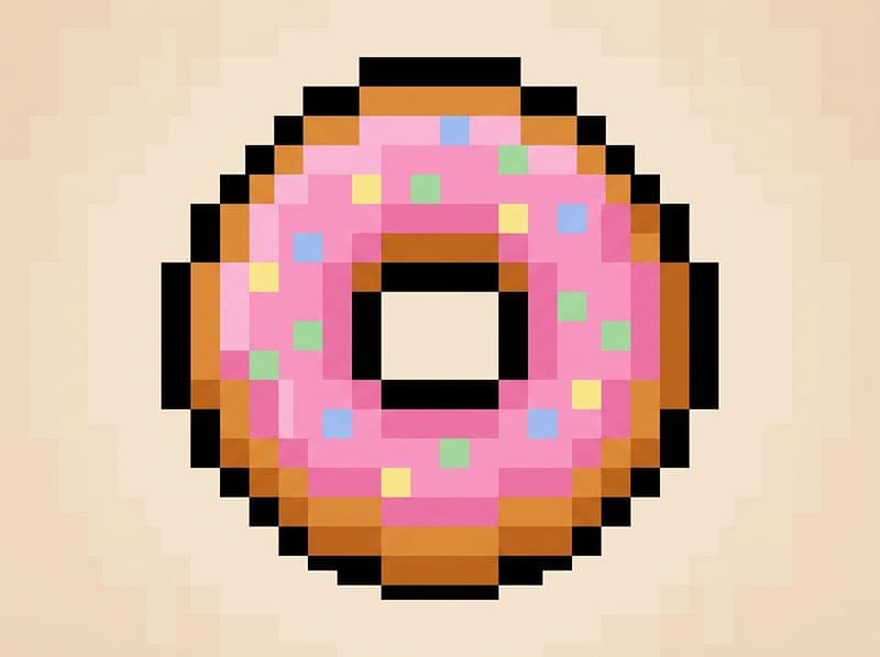 199+ Mẫu tranh pixel đồ ăn, con vật hoạt hình cute nhỏ xinh 11 Donut hồng pixel art dễ thương, mẫu đồ ăn cute cho sticker, icon và decor.