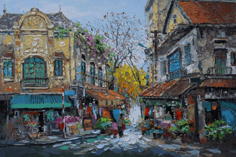 Bức tranh khắc họa góc phố cổ với những ngôi nhà mang dấu ấn kiến trúc xưa, gam màu trầm ấm và nét vẽ giàu cảm xúc, gợi vẻ đẹp bình dị, hoài niệm và rất đỗi thân quen