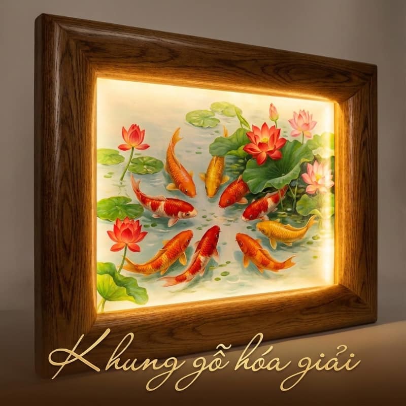 Khung gỗ là cầu nối giúp người mệnh Hỏa treo tranh cửu ngư quần hội mà vẫn đảm bảo hài hòa phong thủy.