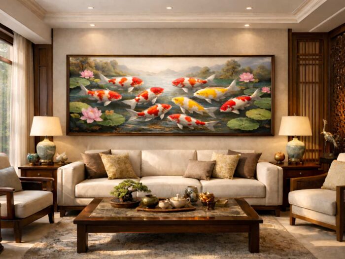 Tranh cửu ngư quần hội khổ lớn là lựa chọn hoàn hảo để tạo điểm nhấn sang trọng và thu hút tài lộc cho không gian sống.