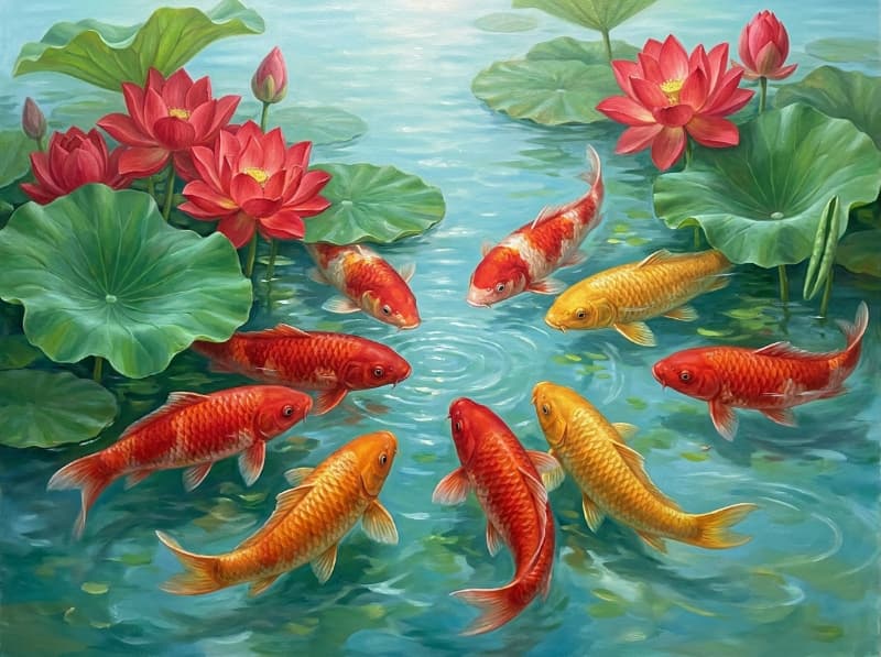 Tranh phong thủy cá koi cửu ngư quần hội treo phòng khách