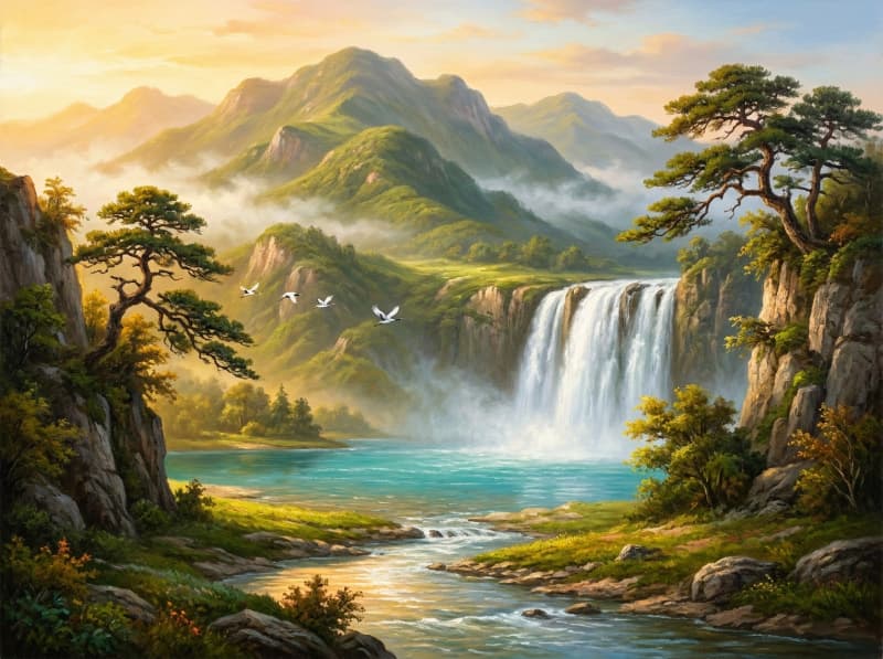 Tranh phong thủy sơn thủy hữu tình cho phòng khách