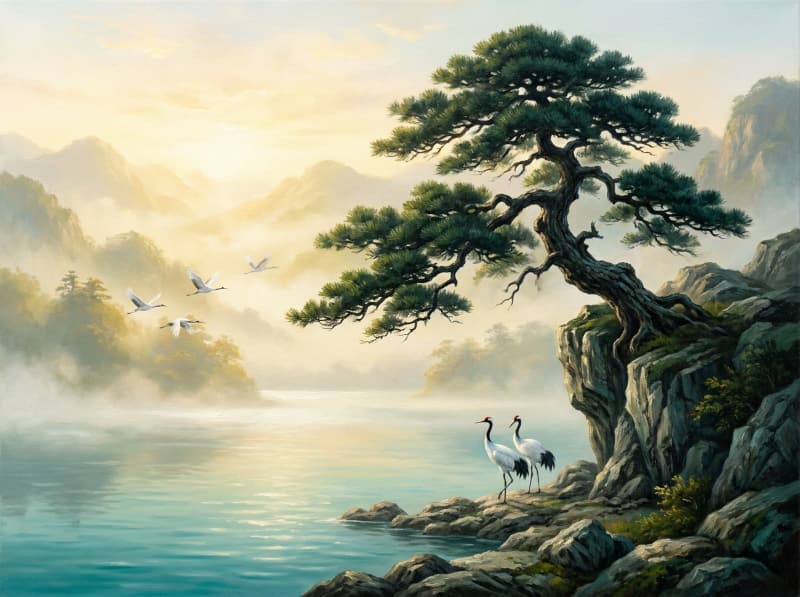 Tranh phong thủy tùng hạc diên niên cho gia đạo bình an