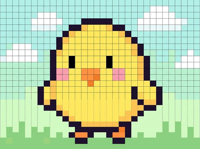 199+ Mẫu tranh pixel đồ ăn, con vật hoạt hình cute nhỏ xinh 6 Tranh pixel gà con cute, mẫu vẽ theo ô ly đơn giản cho người mới tập pixel art.