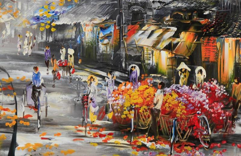 Tranh sơn dầu Hà Nội về các mùa hoa rực rỡ trên phố 