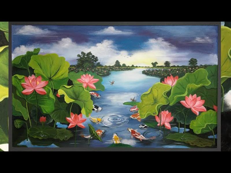 Tranh cá chép với đầm sen