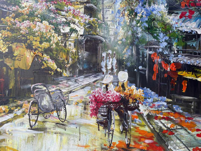 Tranh sơn dầu Hà Nội phố hoa mang vẻ đẹp vừa bình dị vừa bay bổng, rất giàu chất thơ