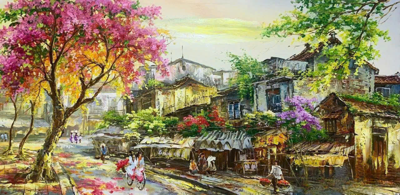 Tranh sơn dầu Hà Nội mùa hoa ban tháng 2