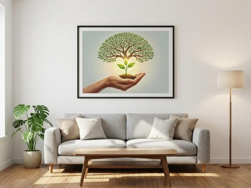 Vị trí sau sofa lý tưởng để treo tranh nhân quả, tạo điểm nhấn tinh thần ý nghĩa cho cả ngôi nhà
