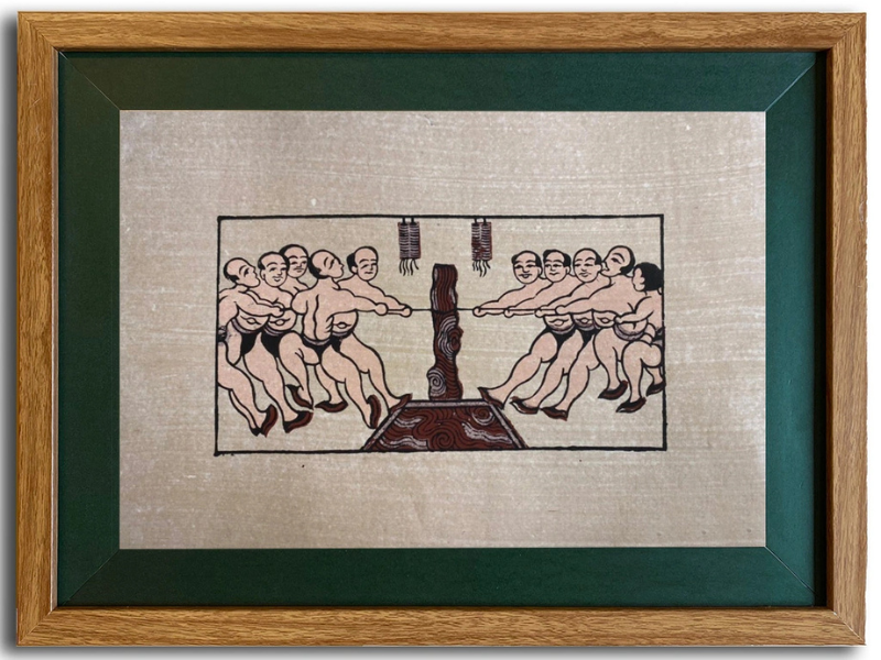 Tranh Đông Hồ kéo co có khung 30cm x 40cm hoặc 40cm x 60cm 