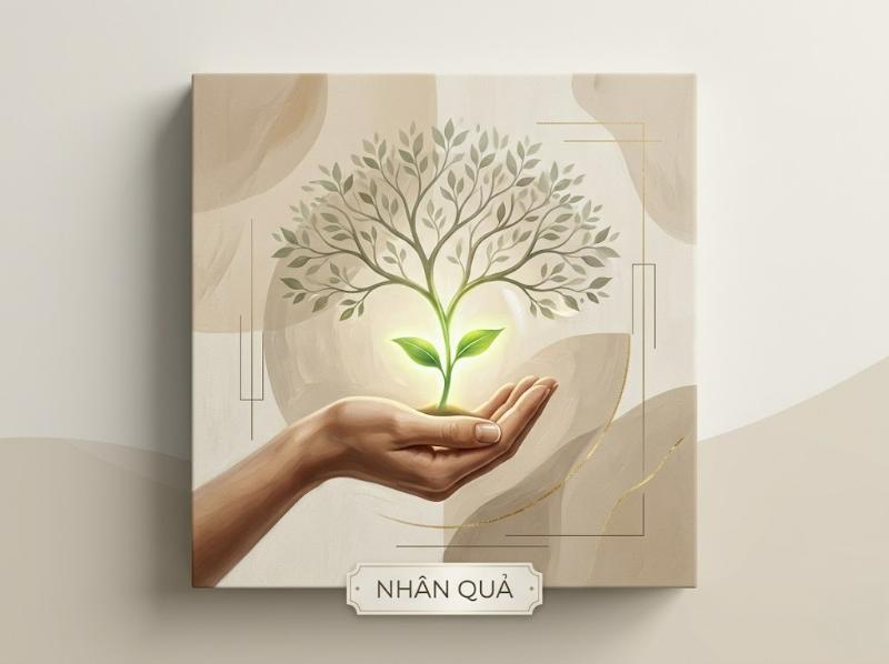 Tranh nhân quả hiện đại với ẩn dụ tinh tế, mang lại sự thanh tịnh và chiều sâu cho không gian sống