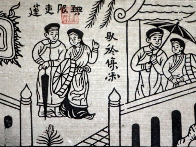 Bức tranh vẽ cảnh hát quan họ ở vùng Kinh Bắc.