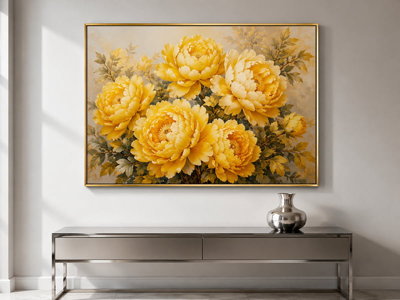 Gia chủ mệnh Kim, Thủy nên chọn tranh mẫu đơn vàng hoặc trắng để trung hòa ngũ hành, cân bằng năng lượng Hỏa.