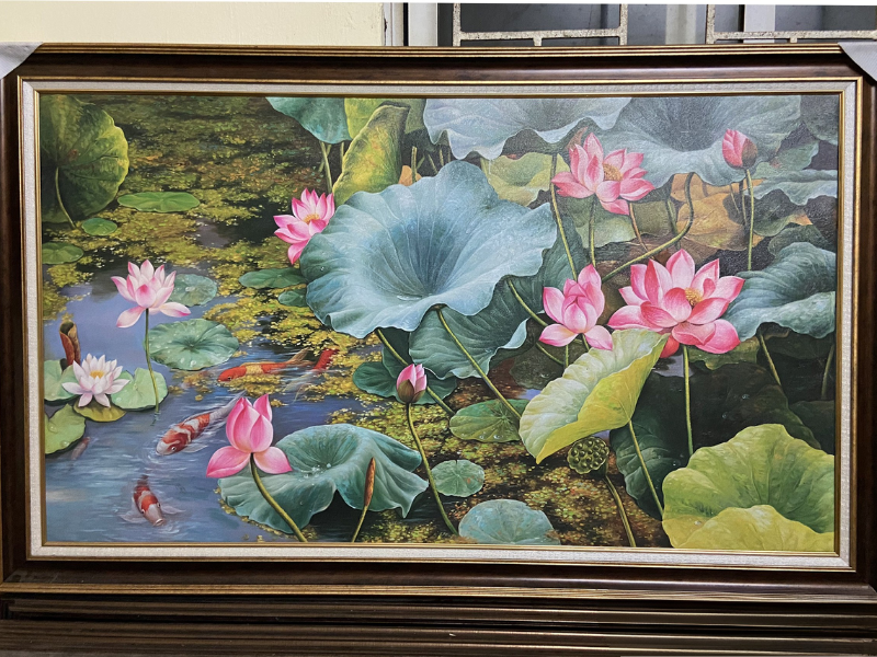 Tranh sơn dầu hoa sen cá chép