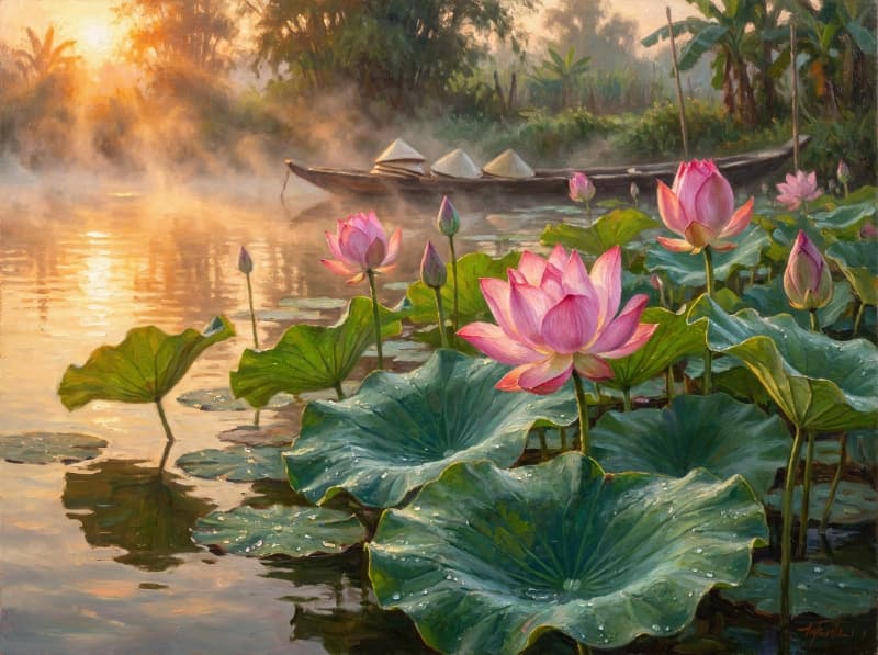 Tranh hoa sen bình minh đầm sen hồng ven sông thuyền gỗ nón lá sương sớm và ánh mặt trời ấm áp phong cảnh Việt Nam
