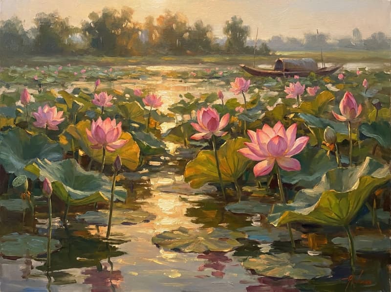 Tranh hoa sen đầm sen hoàng hôn phong cảnh ao sen hồng thuyền gỗ mặt nước phản chiếu và ánh nắng vàng làng quê Việt Nam