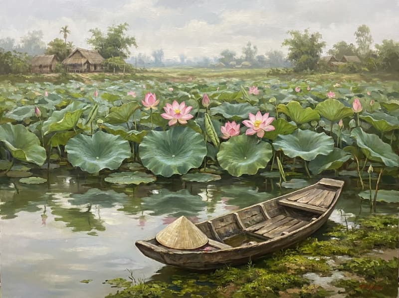 Tranh hoa sen làng quê Việt ao sen rộng thuyền gỗ nón lá lá sen xanh và hoa sen hồng tạo điểm nhấn decor truyền thống