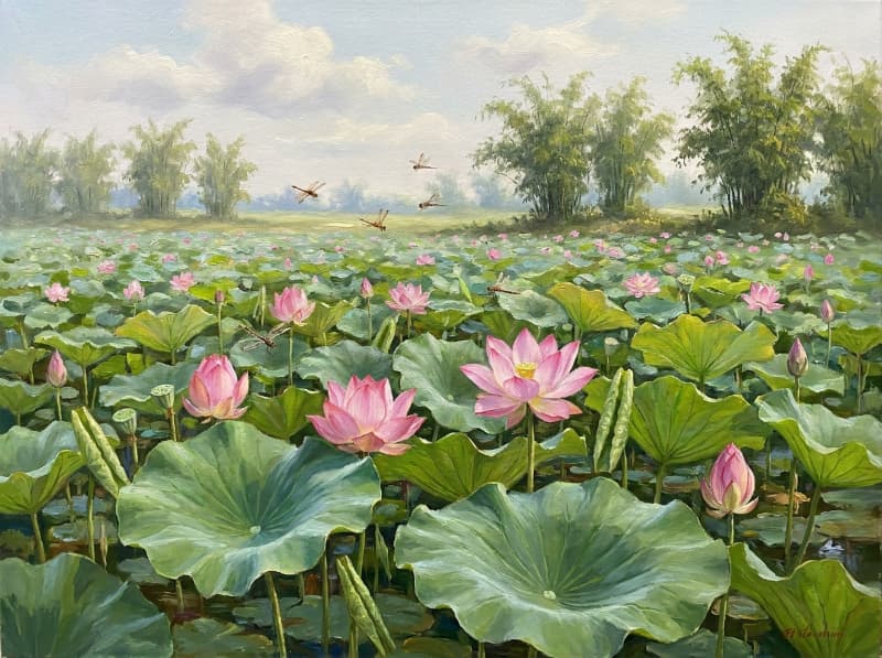 Tranh hoa sen mùa hạ cánh đồng sen hồng chuồn chuồn lá sen non và phong cảnh thiên nhiên thanh bình cho tranh treo tường nghệ thuật