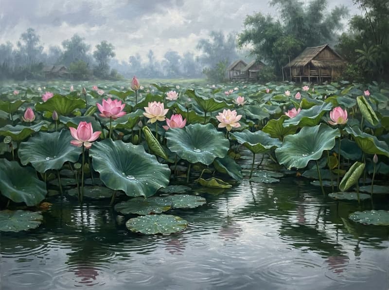 Tranh hoa sen sau mưa đầm sen xanh mát với bông sen hồng lá sen đọng nước nhà tranh ven hồ và không gian đồng quê yên bình