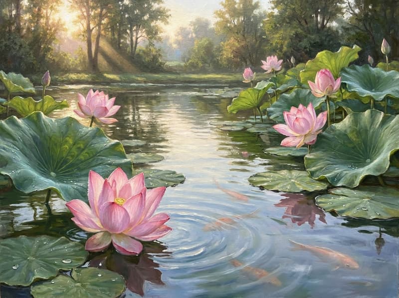 Tranh hoa sen và cá koi ao sen hồng mặt nước trong cá koi ẩn dưới sóng nhẹ lá sen xanh và bố cục tranh phong thủy hài hòa