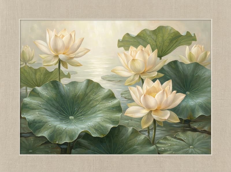 Tranh hoa sen vàng nhạt hoa sen trắng kem lá sen xanh ngọc giọt sương tinh tế và bố cục tranh trang trí nhẹ nhàng sang trọng