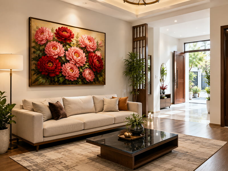 Treo tranh ở phòng khách hướng ra cửa chính là vị trí lý tưởng nhất để nghênh đón sinh khí và tài lộc.