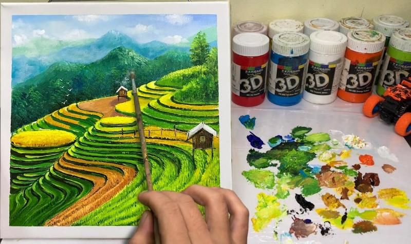 Vẽ ruộng bậc thang bằng màu nước