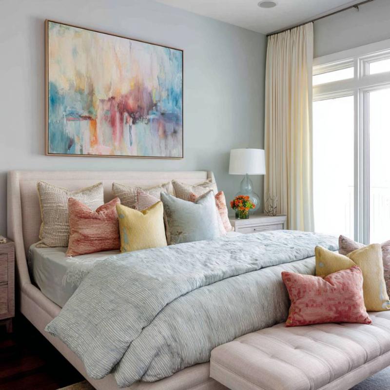 Tranh trừu tượng với tông màu pastel nhẹ nhàng giúp không gian phòng ngủ thêm thơ mộng và thư thái.