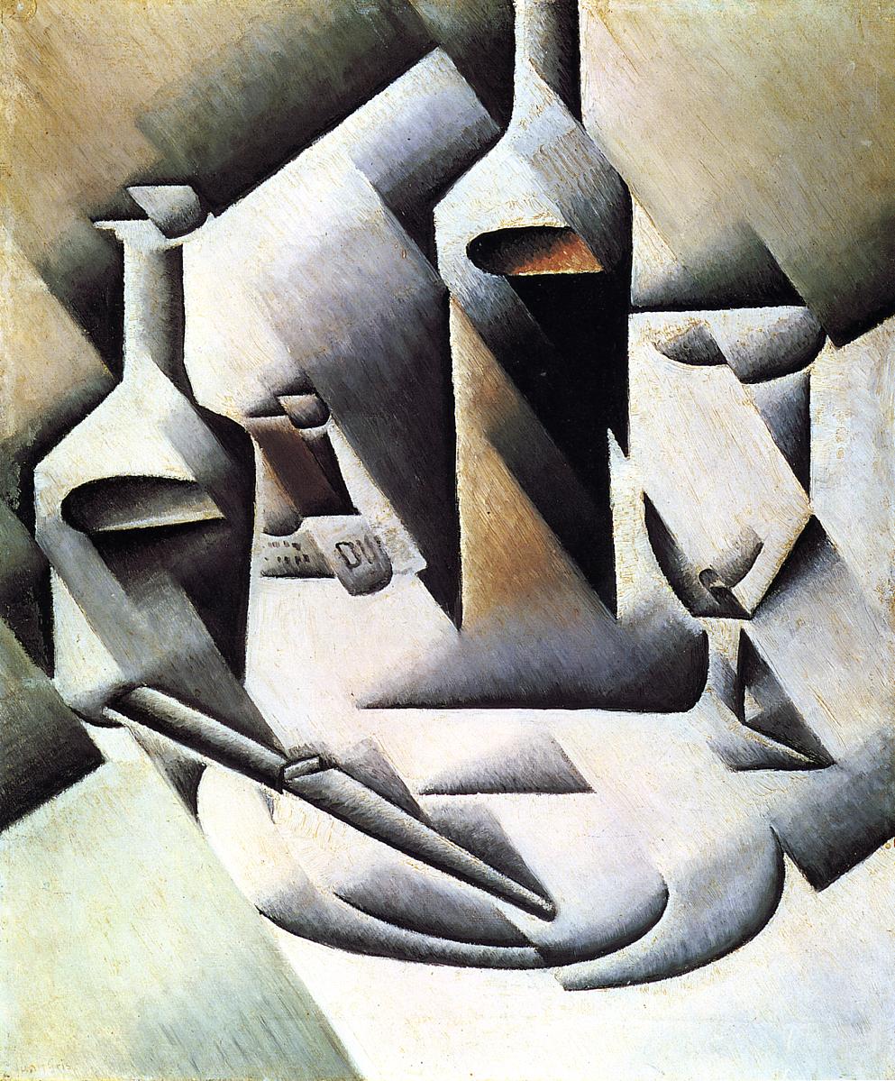Tranh lập thể cấu trúc hình học Bottles and knife của họa sĩ Juan Gris năm 1911 1912