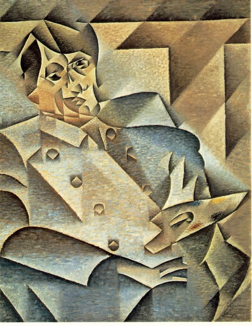 Tranh lập thể Chân dung Picasso của họa sĩ Juan Gris sáng tác năm 1912 phân rã gương mặt thành các mảng hình học đối xứng.