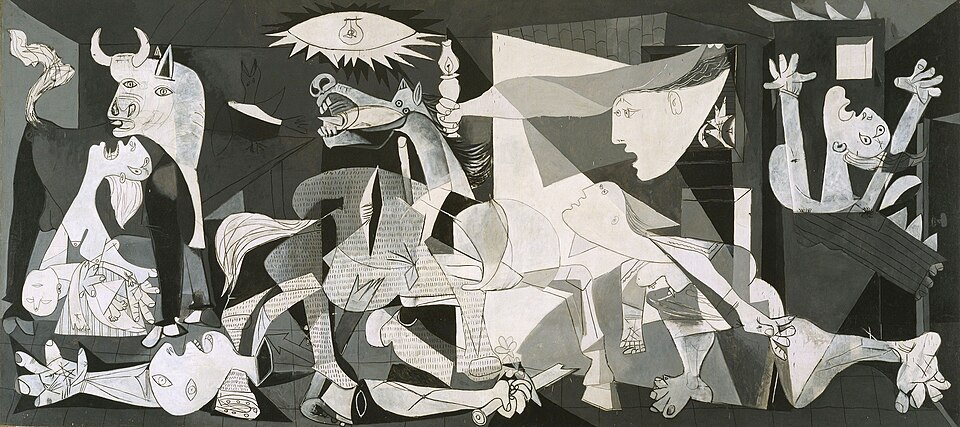 Bức tranh lập thể Guernica đen trắng của Pablo Picasso năm 1937 thể hiện sự hỗn loạn và đau thương của chiến tranh.