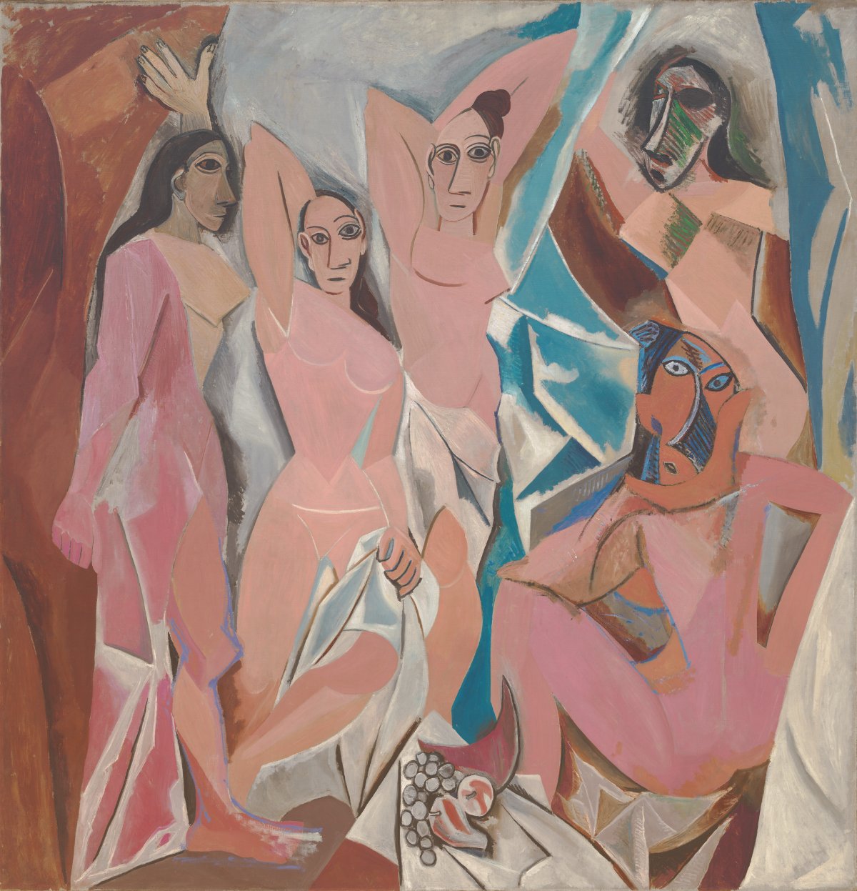 Tranh lập thể Những cô nàng Avignon của danh họa Pablo Picasso sáng tác năm 1907 phác họa năm người phụ nữ bằng các khối hình học sắc nhọn.
