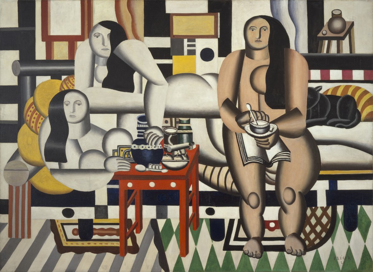 Tranh lập thể ống Three Women của họa sĩ Fernand Leger vẽ ba người phụ nữ với cơ thể dạng hình trụ kim loại nhẵn bóng.