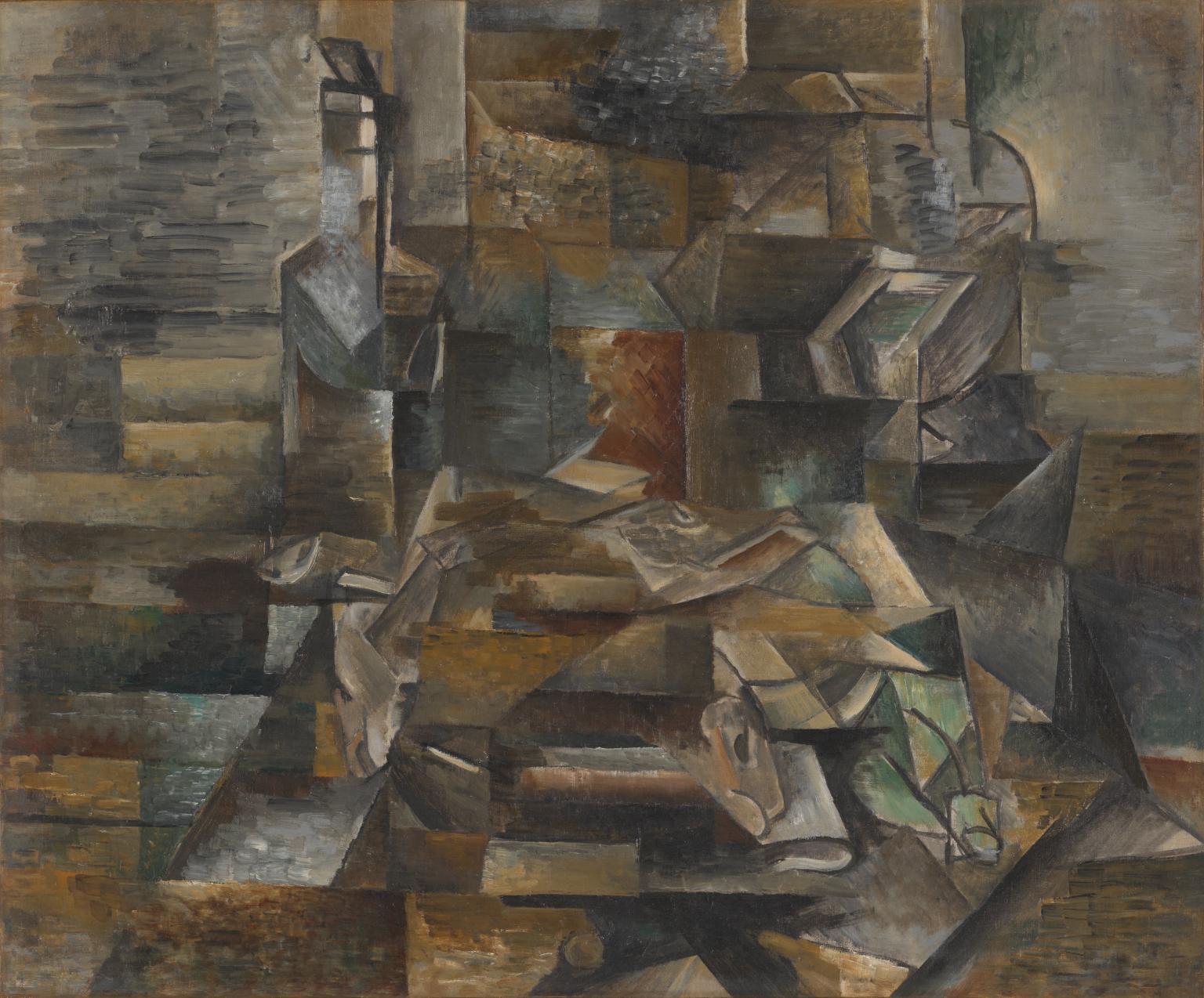 Tranh trường phái lập thể phân tích Bottles and fishes của họa sĩ Georges Braque năm 1910