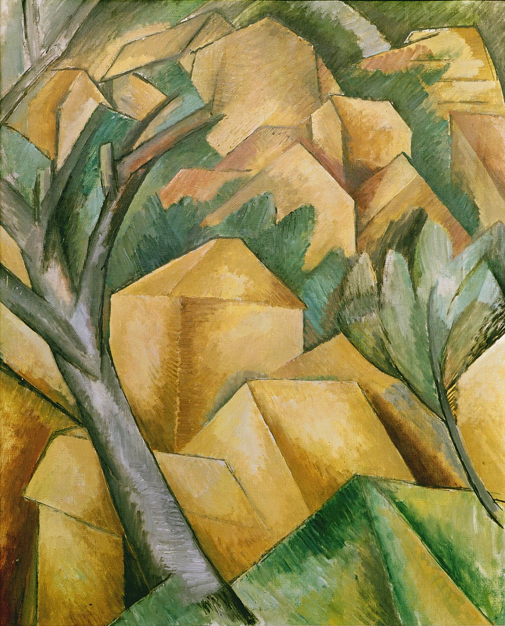 Tranh phong cảnh lập thể Houses at L Estaque của Georges Braque năm 1908 với các ngôi nhà biến thành khối lập phương màu vàng đất.