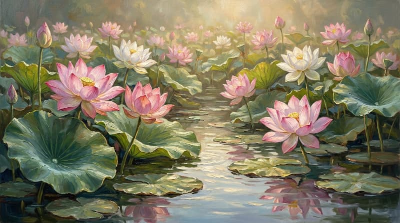Tranh sơn dầu hoa sen hồng hài hòa về màu sắc ánh sáng và chiều sâu