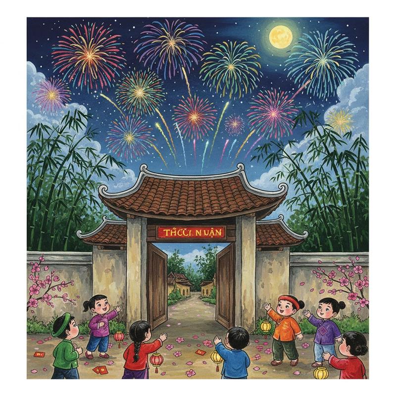 Mẫu tranh vẽ ngày tết pháo hoa rực rỡ
