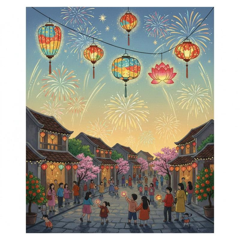 Mẫu tranh vẽ ngày tết pháo hoa rực rỡ