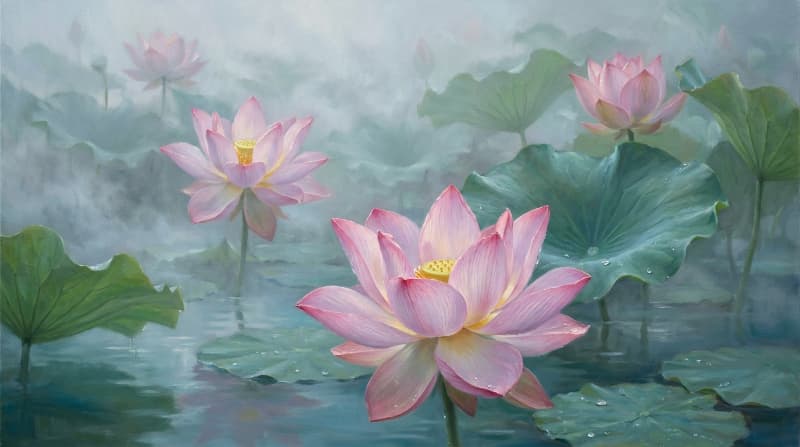 Tranh sen sơn dầu trong sương sớm phù hợp không gian thiền và yoga