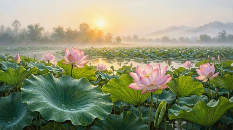 Tranh sơn dầu hoa sen hoàng hôn với sắc cam ấm và mặt nước phản chiếu