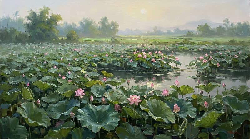 Tranh sơn dầu hoa sen tái hiện vẻ đẹp thanh khiết của sen Việt và mặt nước yên bình
