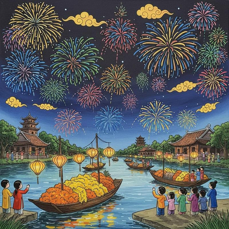 Mẫu tranh vẽ ngày tết pháo hoa rực rỡ