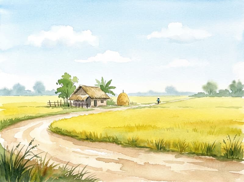 Vẽ tranh làng quê với cánh đồng lúa, đường làng, mái nhà và hàng cây xanh.