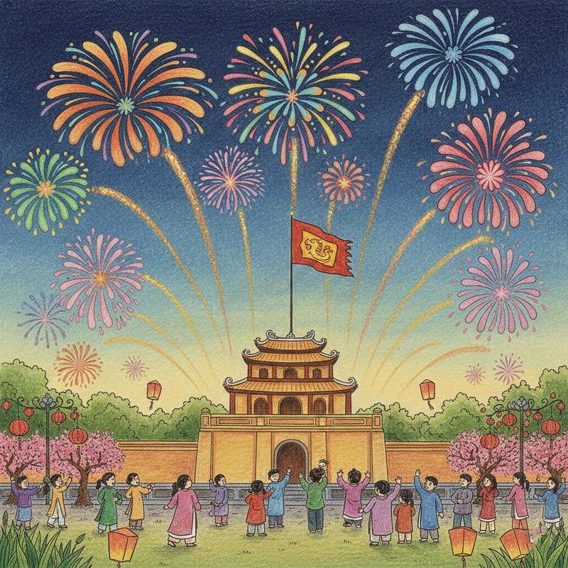 Mẫu tranh vẽ ngày tết pháo hoa rực rỡ